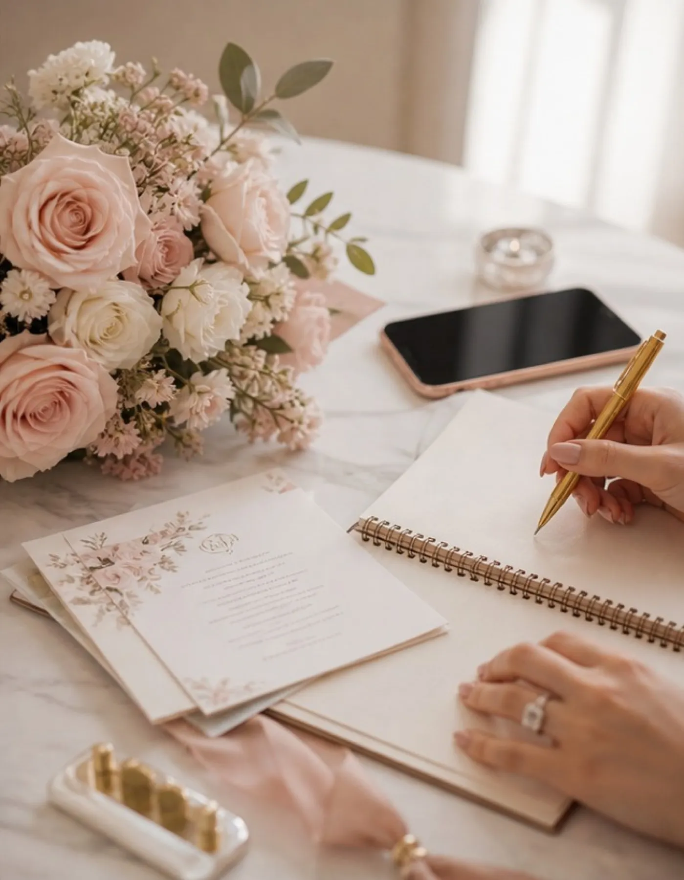 Editorial-Szene mit Rosen, Notizbuch und Hochzeitsplanung als Kontaktmotiv